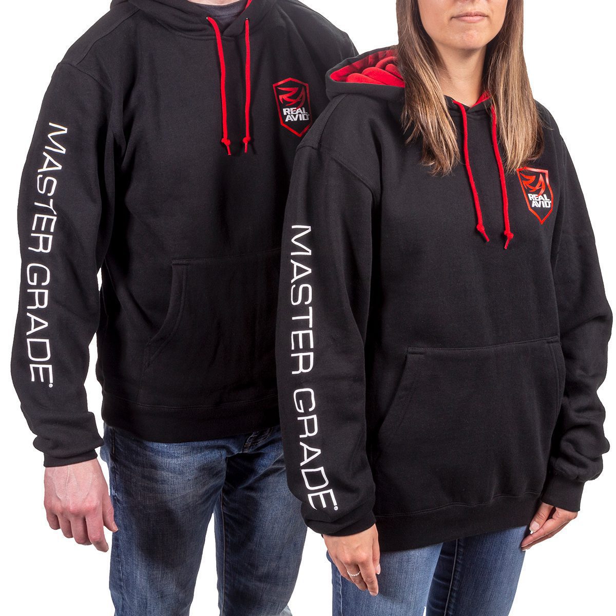 a man and woman wearing black hoodies with white lettering
