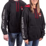 a man and woman wearing black hoodies with red accents
