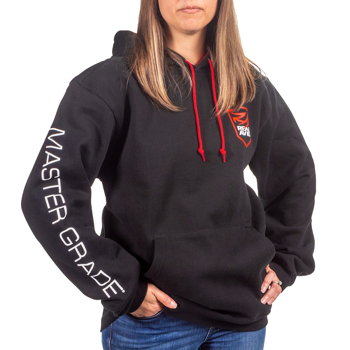a woman wearing a black hoodie with white writing on it