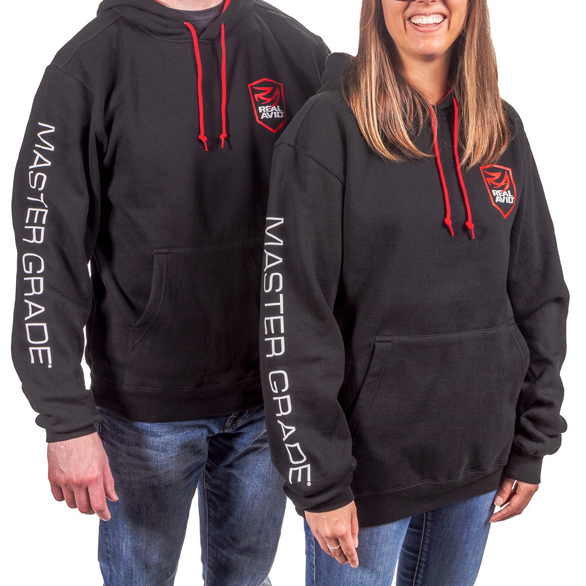 a man and woman wearing black hoodies