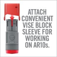 a red and gray object with the words attach convenient vise block sleeve for working on ar10s