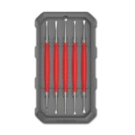 a set of six red screwdrives in a gray case