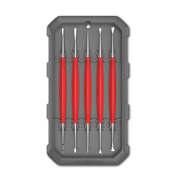 a set of six red screwdrives in a gray case