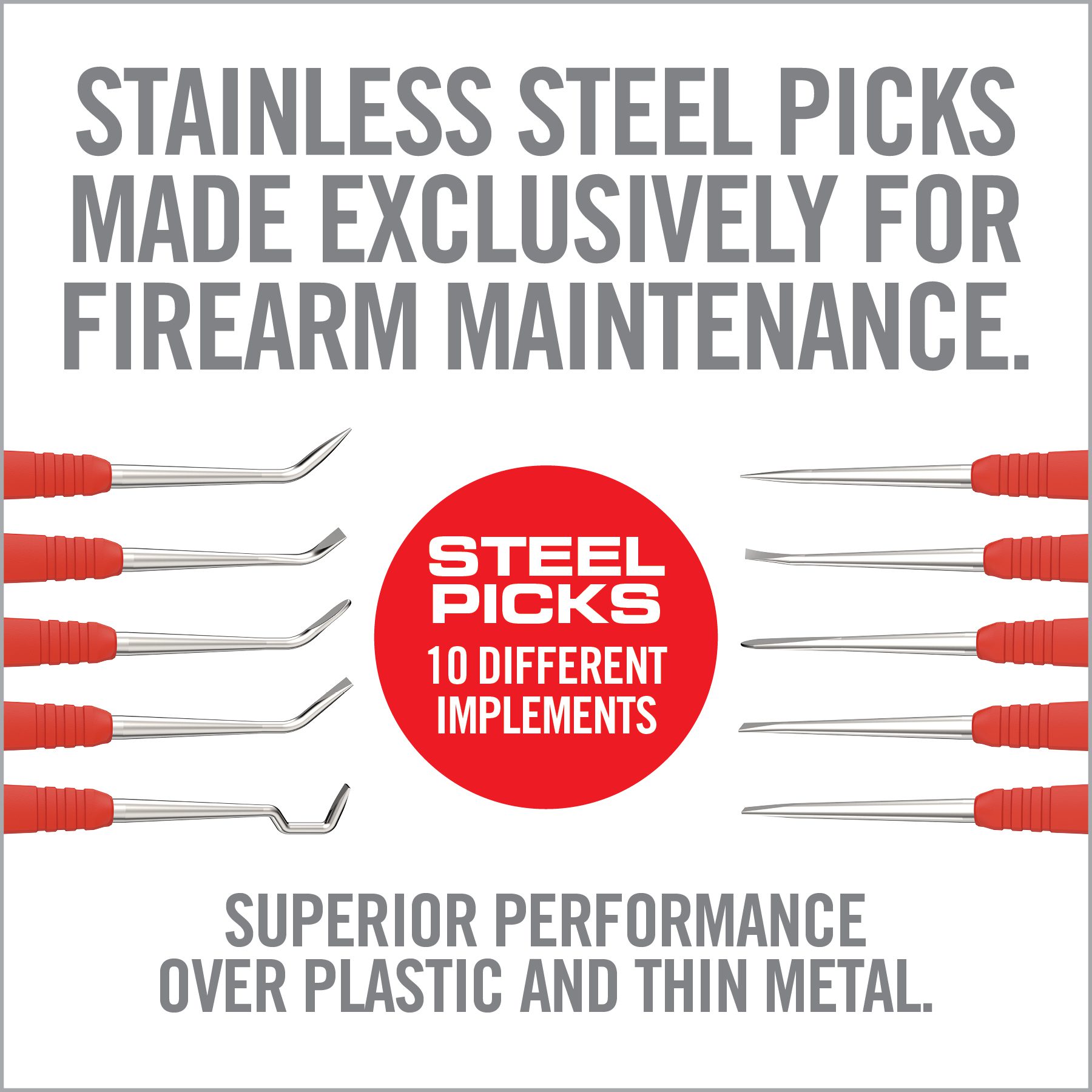 a poster advertising steel picks made exclusively for firearm maintenance