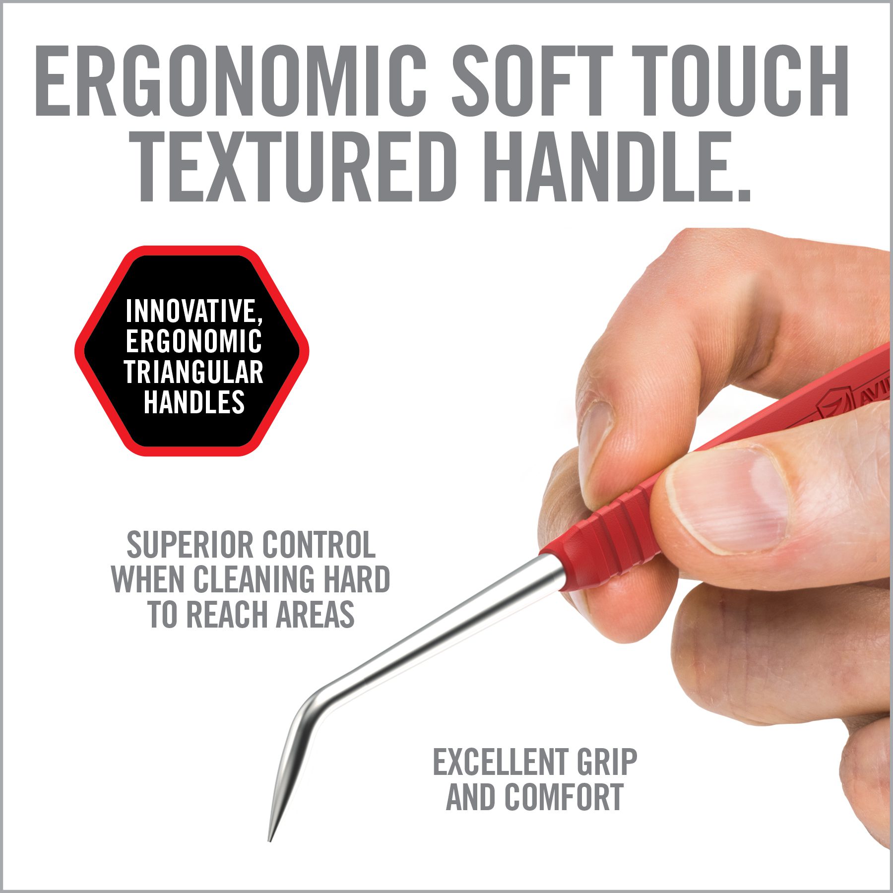 a hand holding a screwdriver with the text ergonomic soft touch textured handle