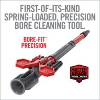 a red and black tool with the text, first - of - its - kind spring loaded precision bore