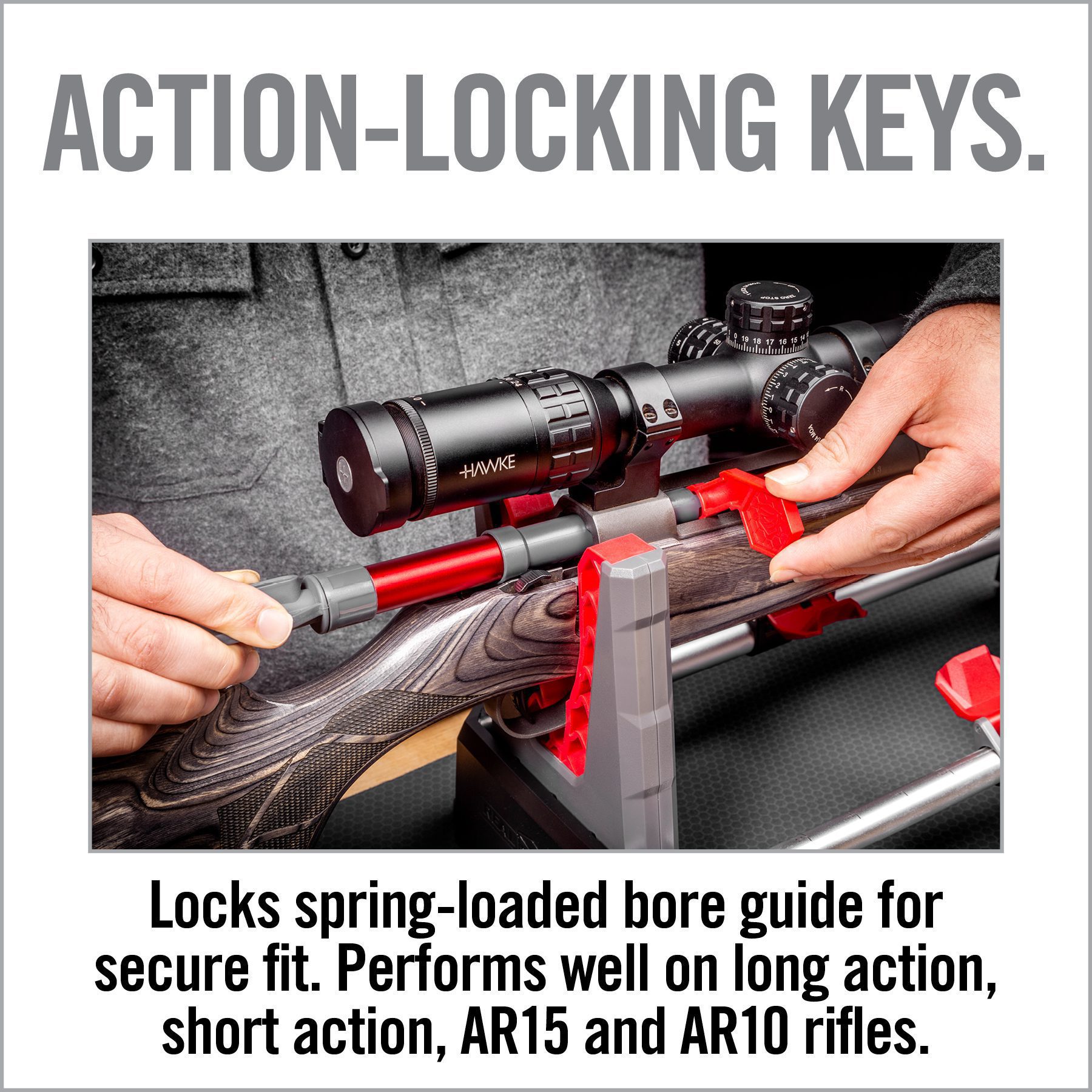 a man holding a rifle with the words action - looking keys