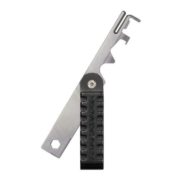 a multi - tool with a black handle on a white background