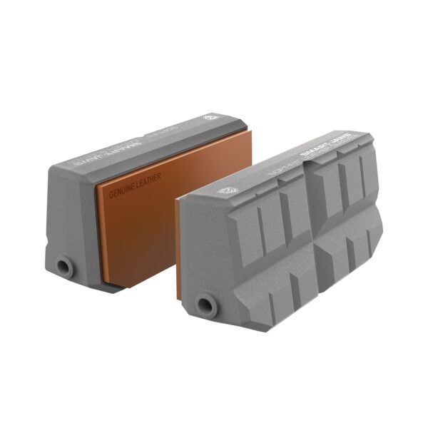 two gray and brown plastic blocks on a white background