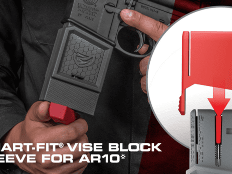 a man holding a gun with the text smart - fit vise block sleeve for ar10