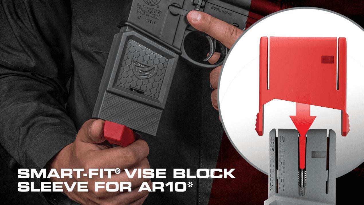a man holding a gun with the text smart - fit vise block sleeve for ar10