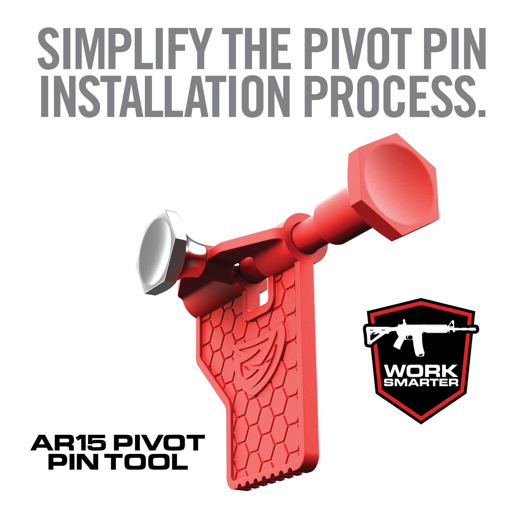 a red tool with the words, simply the pivot pin installation process