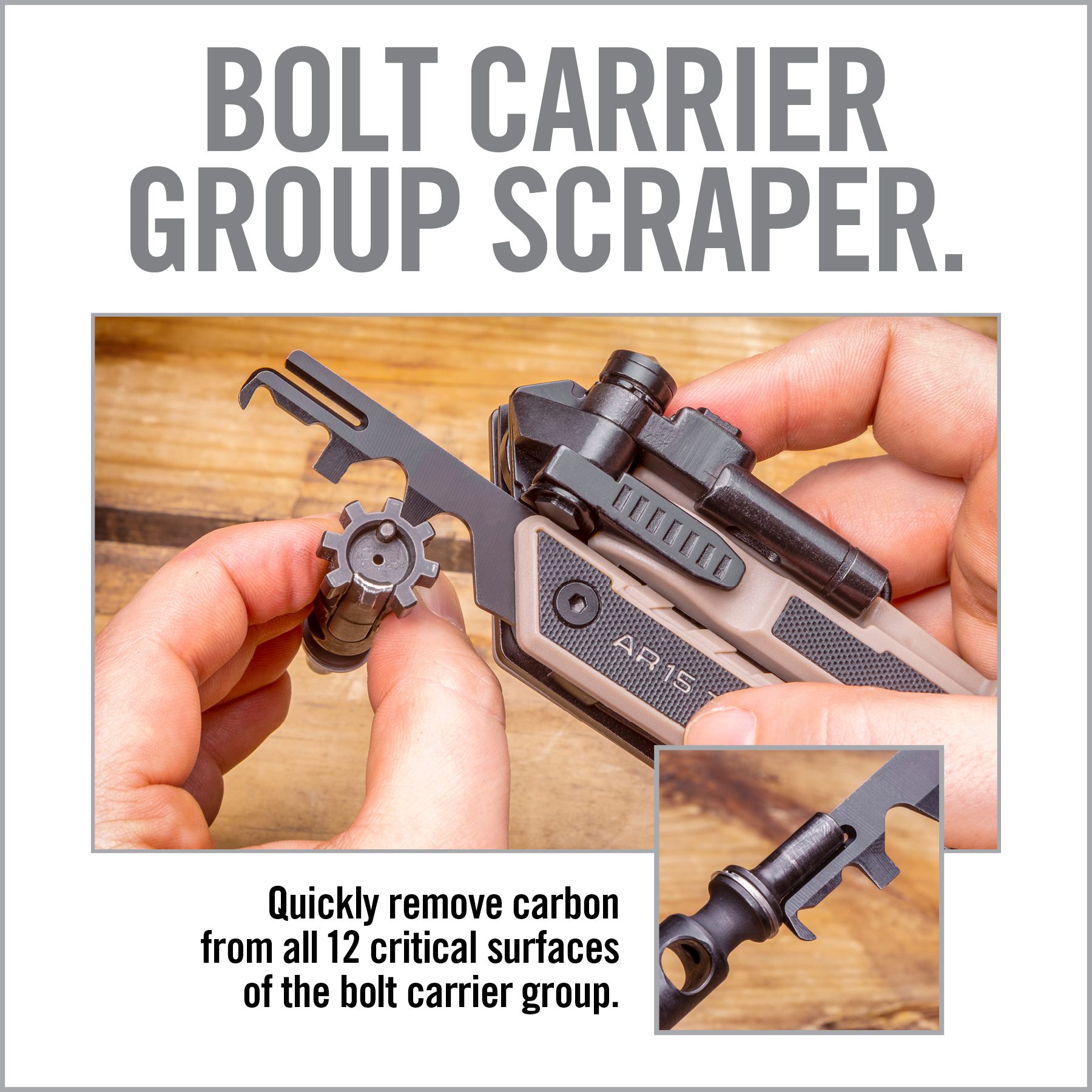 an advertisement for the bolt carrier group scraper