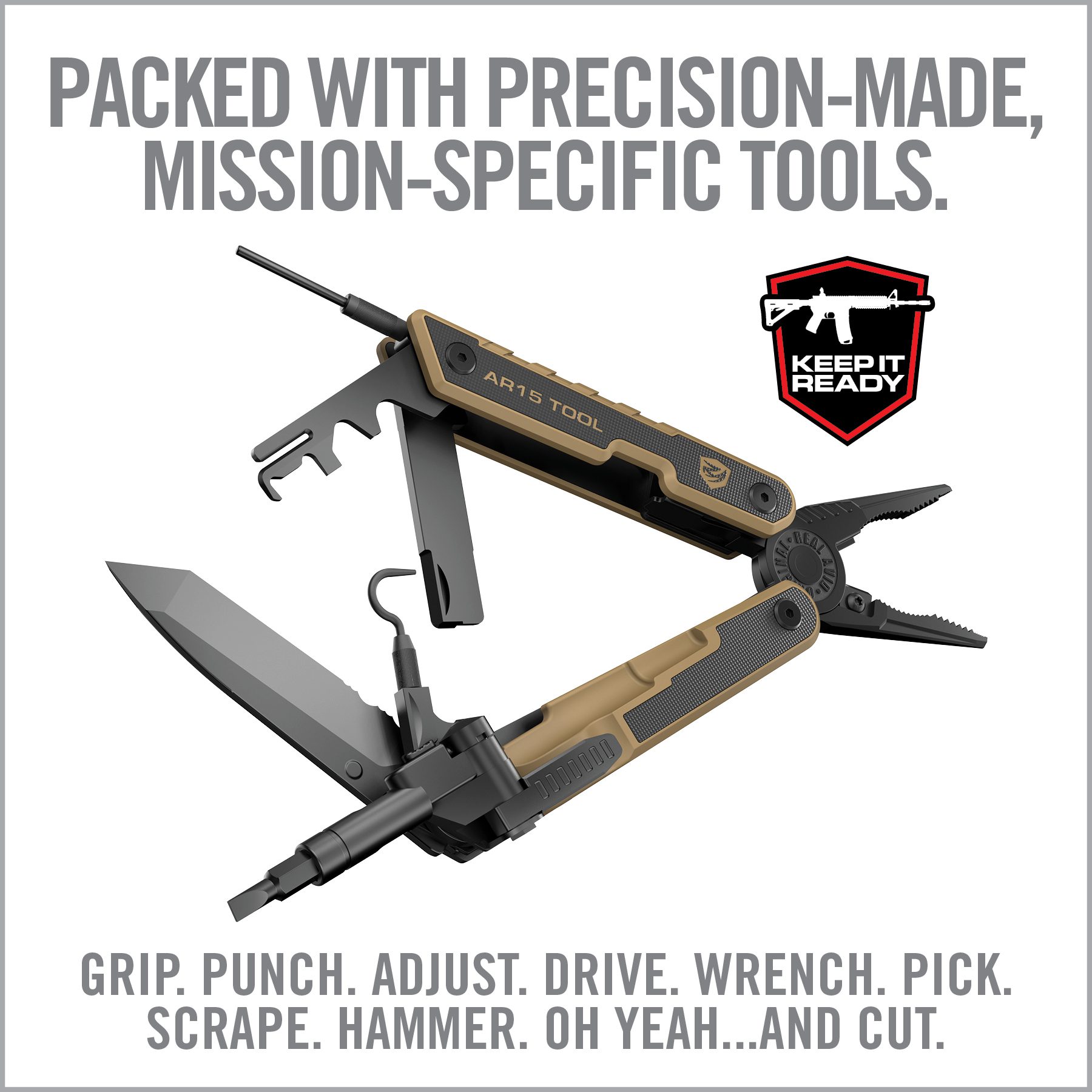 a multi - tool with the words, packed with precision - made mission - specific tools