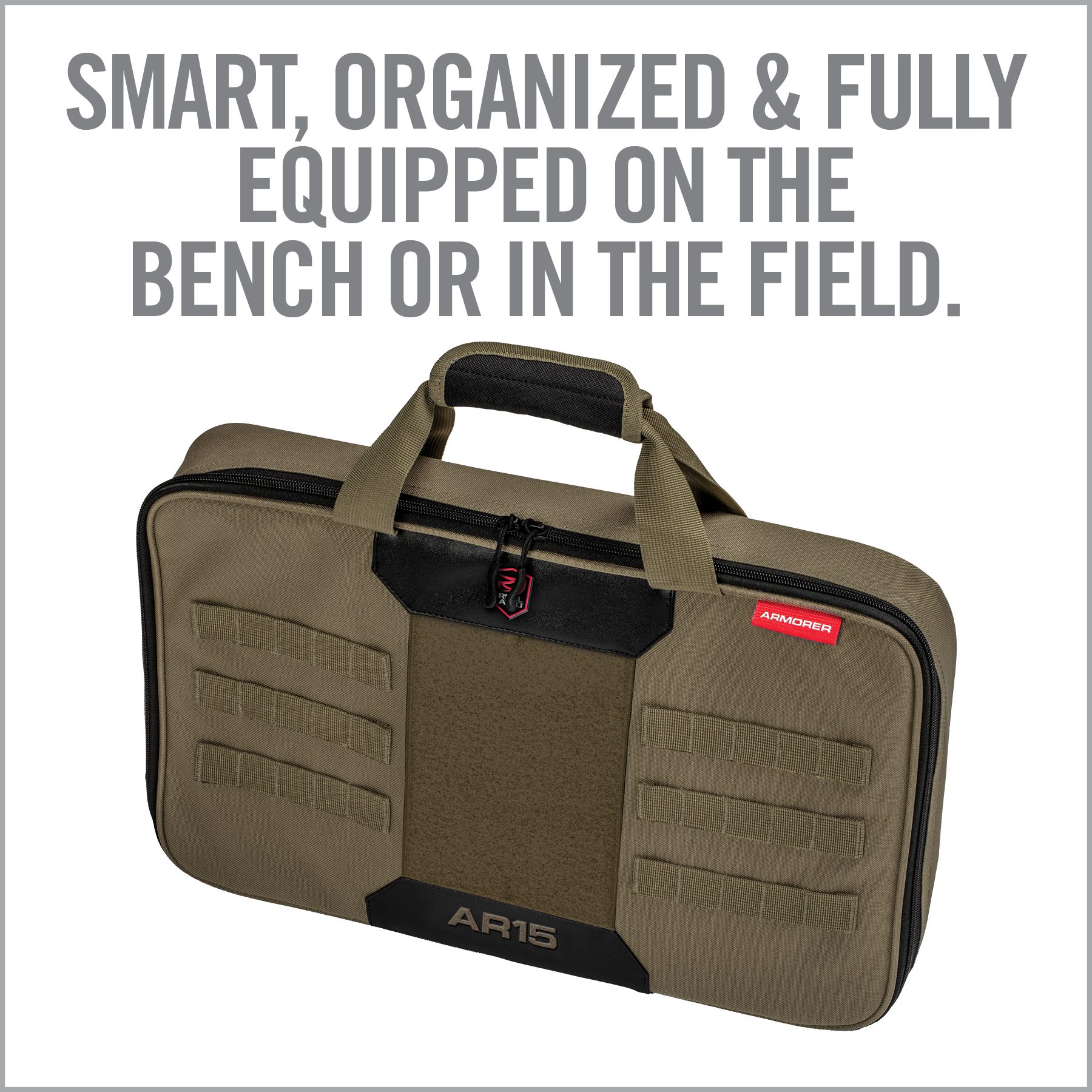 a bag with the words smart organized and fully equipped on the bench or in the field