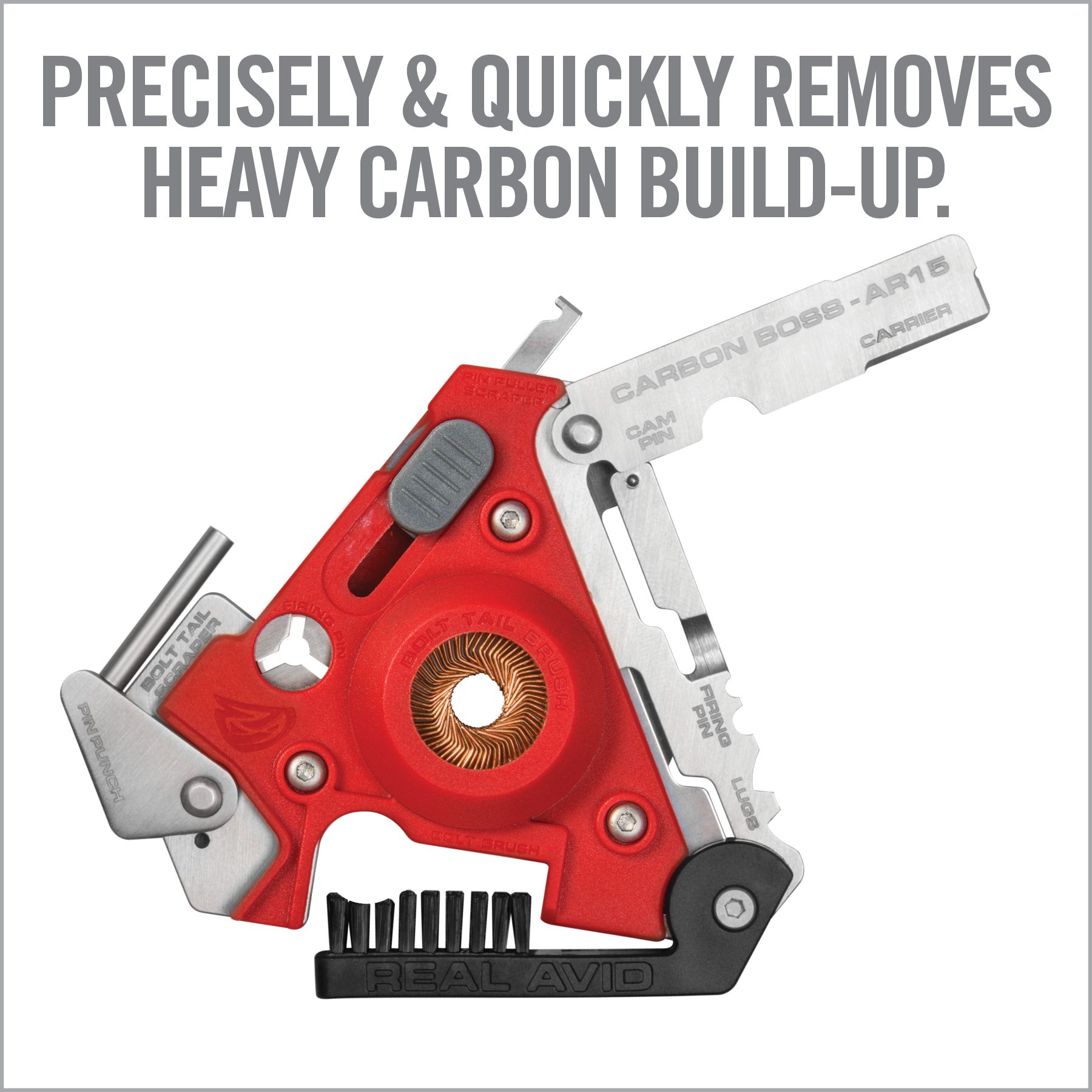 a red and black poster with the words precision & quicky removes heavy carbon build - up