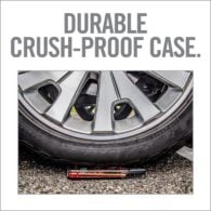a car tire with the words, durable crush - proof case