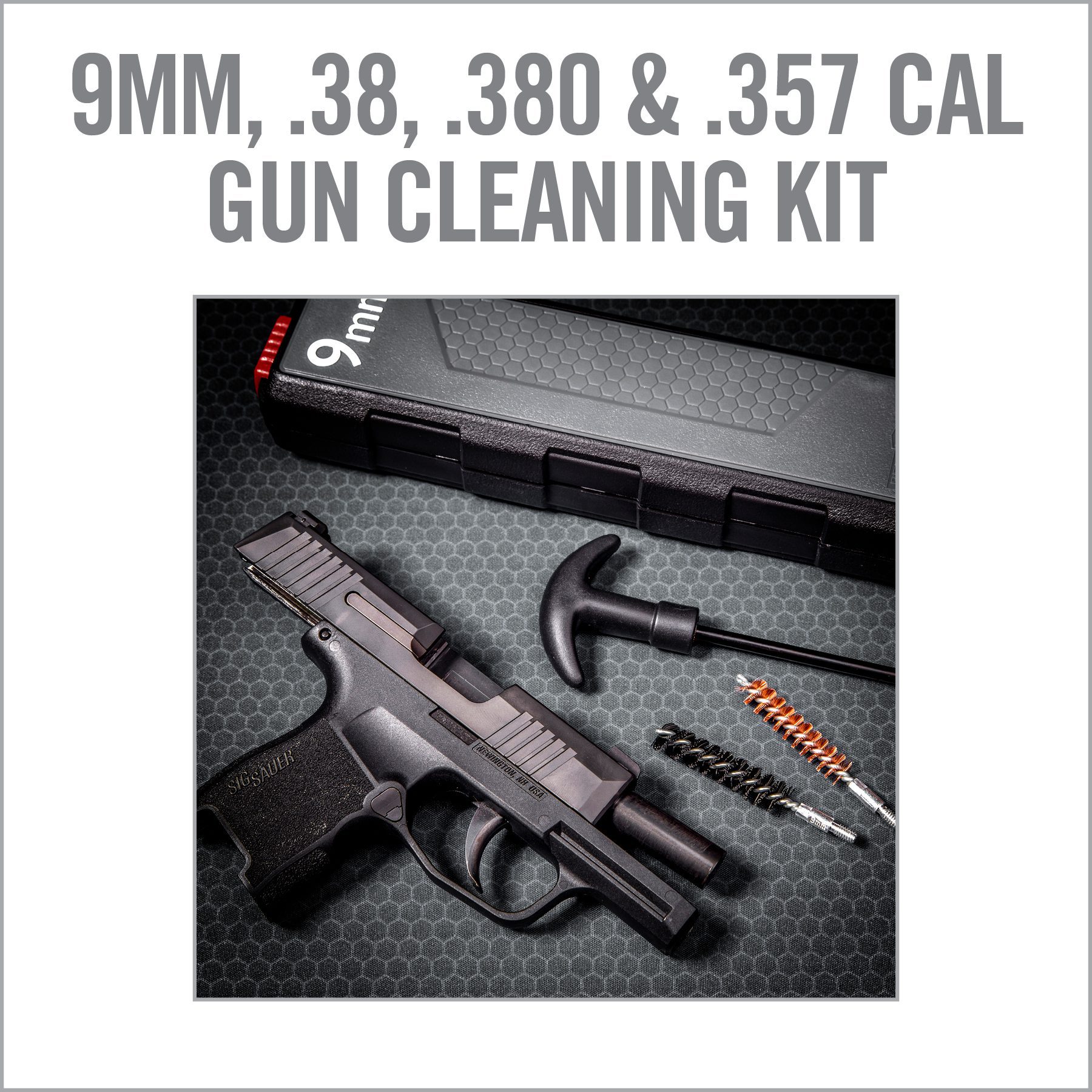 a gun cleaning kit with the words 9mm, 38, 38 & 37 cal