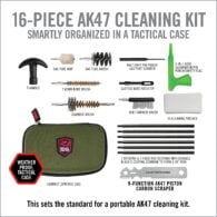 the kit includes an assortment of tools and cleaning supplies