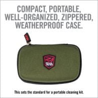 a green case with a red and black logo on it