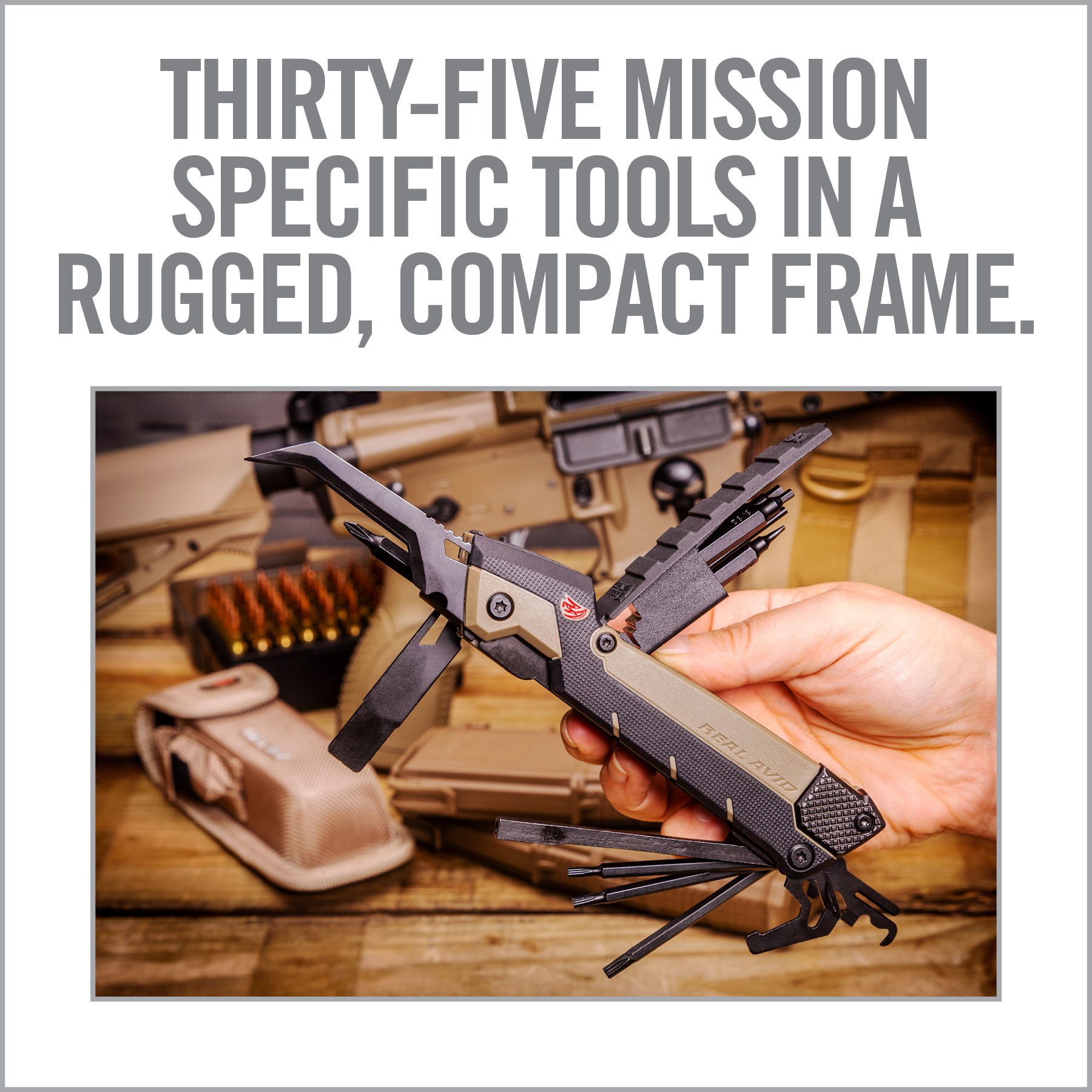 a hand holding a pair of pliers with the words thirty - five mission specific tools in a rugged
